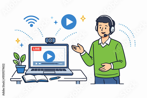 Man streaming live video online, teaching e-learning webinar, studying concepts