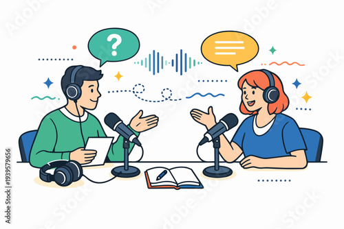 People recording a podcast, discussing topics, interviewing, and broadcasting
