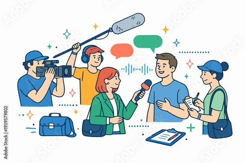 News crew conducting an interview, recording content for a broadcast or media publication