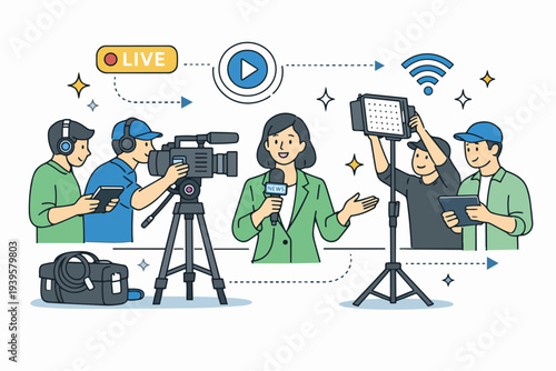 News reporter with camera crew broadcasting live online stream