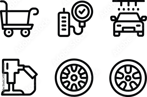 Car service and automotive icons set with shopping cart tire pressure gauge car wash fuel pump wheel cad drawing flat vector illustration