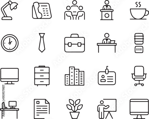 office line icon pack desk chair computer briefcase set