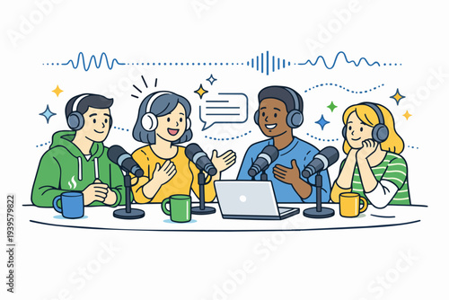 Diverse group recording podcast in studio, broadcasting audio discussion