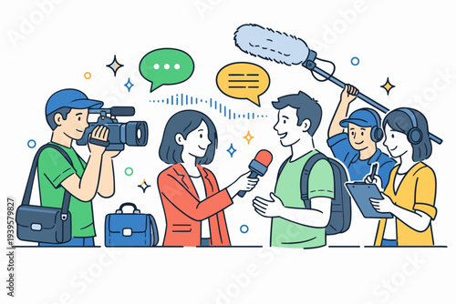 News crew performing an interview, recording sound and video for media broadcasting