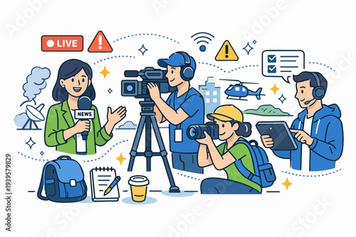 Reporting live news story with camera crew covering media broadcast production