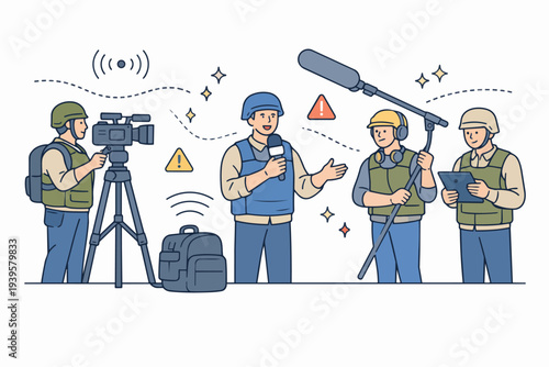 War correspondent team reporting live from a field with camera and boom mic