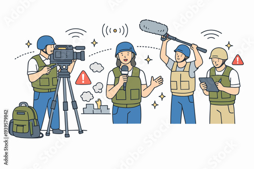Journalism crew covering breaking news and events in a dangerous area