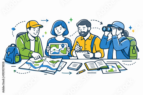 Group of friends planning adventure trip, navigating destination with maps and binoculars