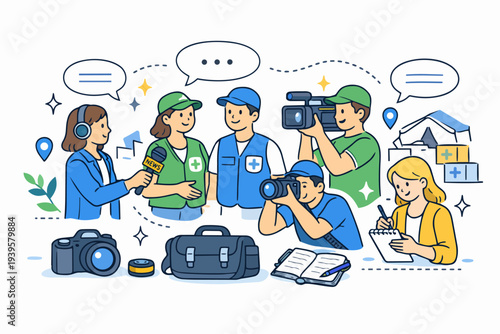 Media crew covering news about aid workers helping people in a relief camp