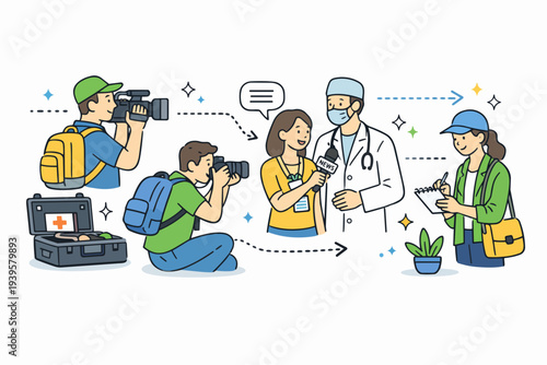Journalists interviewing doctor and gathering information for health news reporting