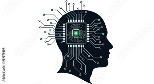 Digital Human Head with Circuitry and Microchip.