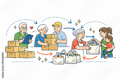 Community volunteers organizing and distributing food packages to people in need