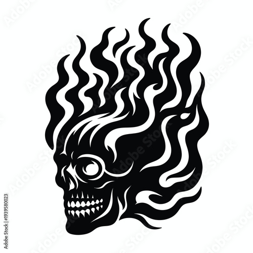 Vector illustration of a stylized skull with flowing flames for an icon or icon set against a clean white background.