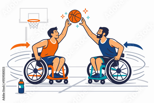 Two men in wheelchairs playing basketball, celebrating inclusive competitive sport