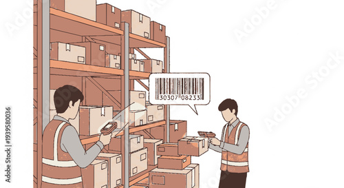 Two warehouse workers scan and discuss inventory with barcode labels on boxes