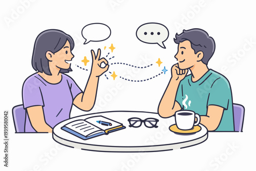 Woman signing, communicating with man learning sign language in a cafe setting