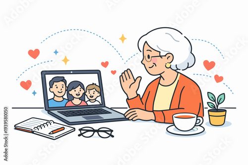 Grandmother video calling family on laptop connecting with distant loved ones