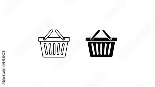 Shopping baskets in minimalist line art and solid black style on white background for e-commerce icon set