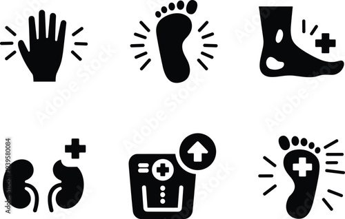 Medical body health icons set with hand footprint injured leg kidney scale health care cad drawing flat vector