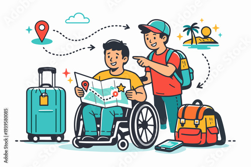 Two friends, one in a wheelchair, planning a trip with a map and luggage