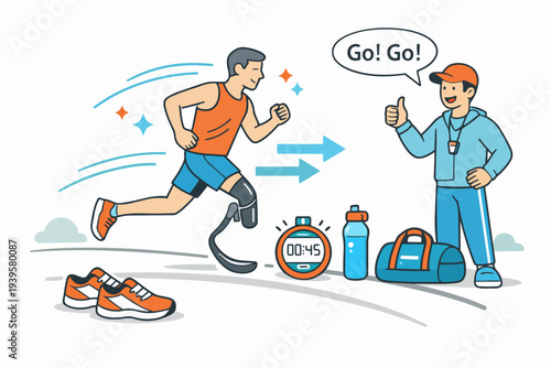 Amputee athlete training with coach encouragement and prosthetic running blade