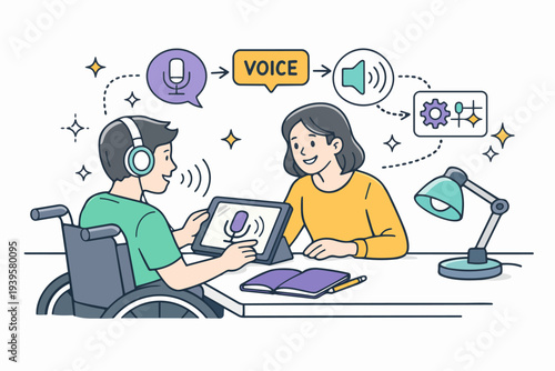 Person in wheelchair using voice assistant for accessibility and inclusive technology