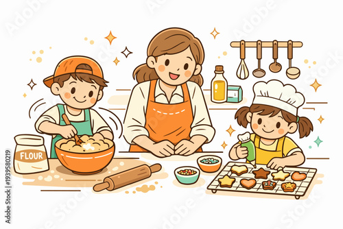 Mother and children baking cookies together at home, learning cooking skills