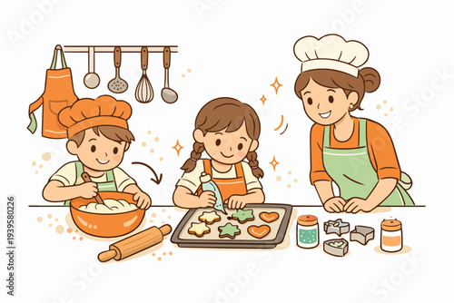Family baking cookies in kitchen, mother teaching children cooking skills