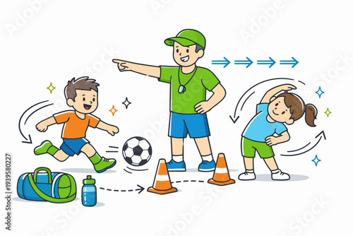 Children learning soccer skills with a coach directing training and warm up exercises