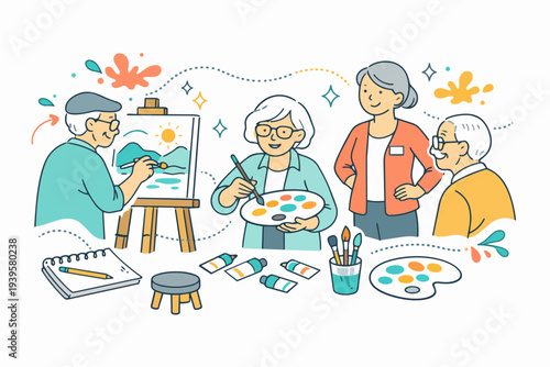 Seniors enjoying painting activity, expressing creativity in art class