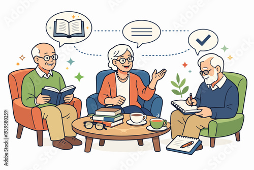 Seniors participating in a book club, discussing literature and lifelong learning