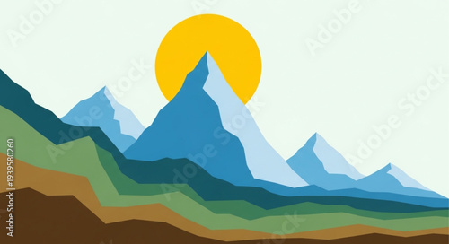Stylized Mountain Landscape with Sun and Peaks.