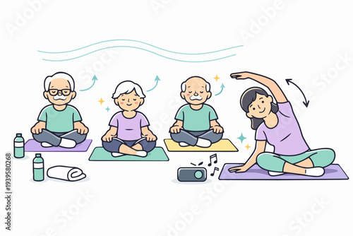 Seniors exercising yoga with instructor, practicing mindfulness and stretching