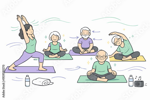 Seniors practicing yoga and meditation in a group class for health and wellness