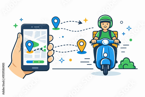 Hand holding smartphone showing map with route and delivery person riding scooter