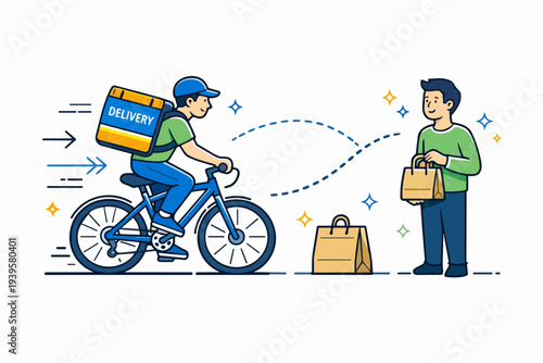 Bicycle courier delivering order to happy man, showing fast food and shopping delivery