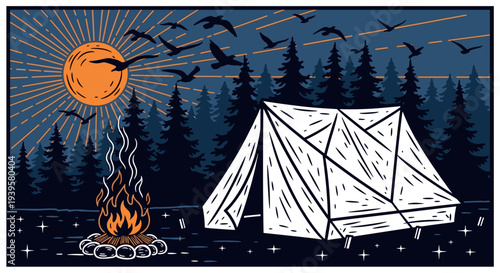 Night camping scene vector illustration with tent campfire forest trees birds moon outdoor adventure wilderness landscape