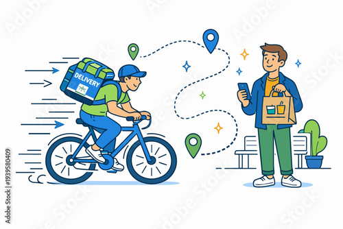 Delivery courier cycling for online food order, customer tracking service on app