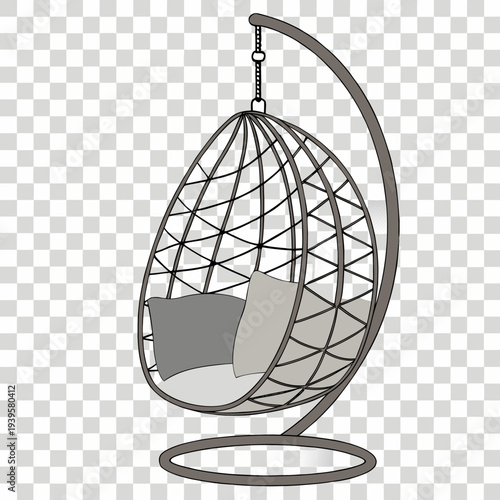 A hanging wicker chair dominates the frame, centered and suspended from a metal chain at the top. The chair features a rounded, teardrop shape with a woven pattern in a natural, light brown color. Ins