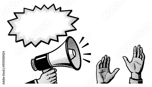 Megaphone with Blank Comic Speech Bubble and Raised Hands: Black and White Retro Vector Illustration for Protest, Marketing, and Community Announcements