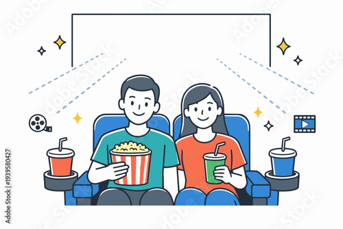 Couple watching movie in cinema, enjoying popcorn and drinks on a date