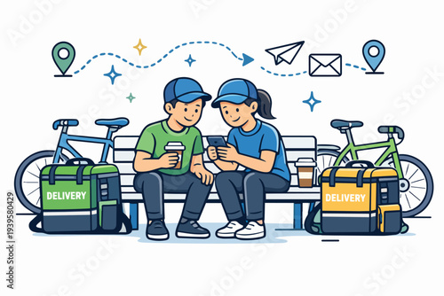 Delivery couriers taking a break, checking mobile app for next orders