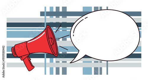 Red Megaphone with Blank Speech Bubble Vector: Pop Art Illustration on Blue Plaid Pattern for Marketing, Breaking News, and Viral Social Media Announcements
