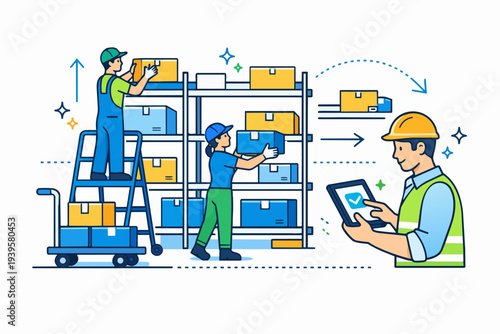Warehouse workers managing inventory and optimizing logistics with digital tablet