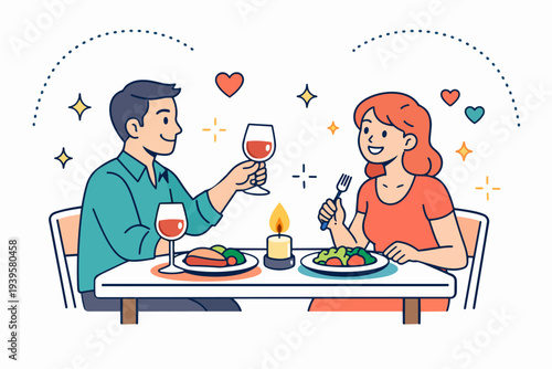 Couple sharing romantic dinner, toasting with wine, celebrating love and dating