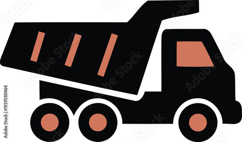 Simple illustration of a dump truck with orange accents on white background