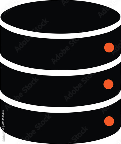Simple illustration of a database server storage cylinder with white lines and orange dots on transparent background