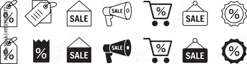 sale icons set black and white shopping and discount symbols