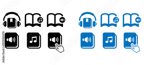 listening audio book education icon set online learning play media podcast listening with earphone signs vector illustration
