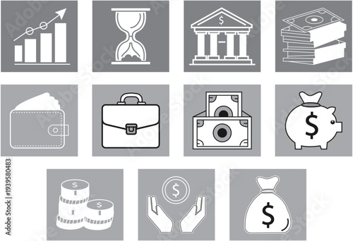 A collection of financial icons representing money and business concepts


